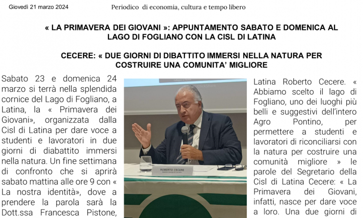 «LA PRIMAVERA DEI GIOVANI»: APPUNTAMENTO SABATO E DOMENICA AL LAGO DI FOGLIANO CON LA CISL DI LATINA